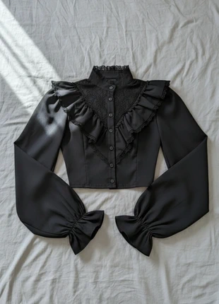 Blouse Noire Gothique Victorienne Volants Dentelle Vintage, marca: Vintage Dressing, estado: Muito bom, tamanho: M / 38 / 10, €44.99, €47.94 inclui Proteção do Comprador