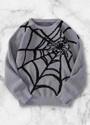 Pull gris à motif toile d’araignée noire graphique oversize taille M style streetwear Y2K vintage, marque: y2k, état: Très bon état, taille: M, 35,00 €, 37,45 € Protection acheteurs (Pro) incluse