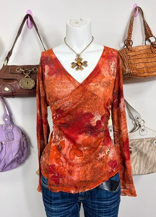 Vintage Y2K Orange Fine Knit Wrap Around Long Sleeve Top, brand: Patrice Breal, condition: Very good, size: M / UK 12-14, £22.00, £23.80 includes Buyer Protection