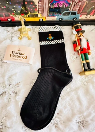🧦 Chaussettes Vivienne Westwood 100% coton Noires à pois blancs & logo Orbe, brand: Vivienne Westwood, condition: Very good, size: One size, €12.00, €13.30 includes Buyer Protection Pro