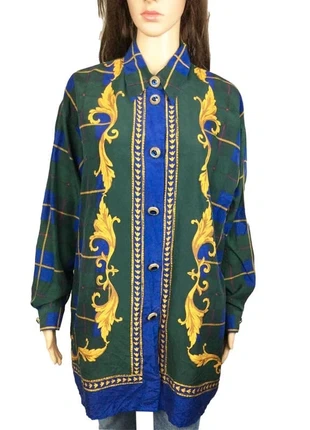 Longue chemise vintage 100% soie bleu, vert, jaune manches longues femme - Tru Blouse - Taille 40, merk: Tru blouse, staat: Heel goed, maat: L / 40 / 12, € 25,00, € 26,95 inclusief Kopersbescherming Pro