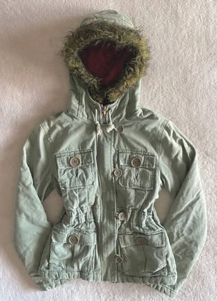 y2k vintage sage green fitted dual zip button up faux fur hood parka jacket, brand: Abercrombie & Fitch, condition: New without tags, size: 4 / S, $28.43, $30.55 includes Buyer Protection