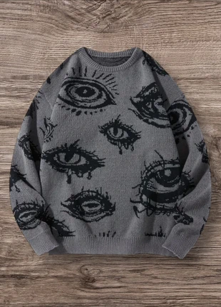 Pull Vintage Gris Foncé Noir Yeux Taille XL - Grunge 90s Y2K Knit Streetwear Retro Oversize, marque: y2k, état: Très bon état, taille: XL, 54,99 €, 58,44 € Protection acheteurs (Pro) incluse