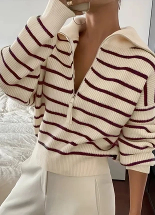 Pull zippé à rayures bordeaux et blanc – col large – maille côtelée douce, condizioni: Ottime, taglia: M / IT 42 / EU 38, €36.00, €38.50 include la Protezione acquisti