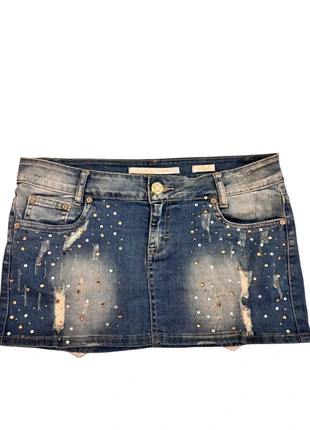 Y2K Low Rise Bling Denim Mini Skirt - Rhinestone Embellished - McBling Aesthetic, merk: Resalsa, staat: Heel goed, maat: XL / 42 / 14, € 9,00, € 10,15 inclusief Kopersbescherming