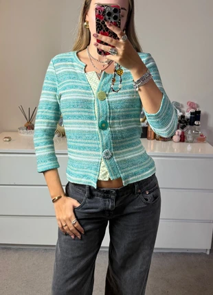 Per Una y2k baby blue yellow and white funky button knit 3/4 sleeve cardigan size small, brand: Per Una, condition: Very good, size: S / UK 8-10, £16.99, £18.54 includes Buyer Protection Pro