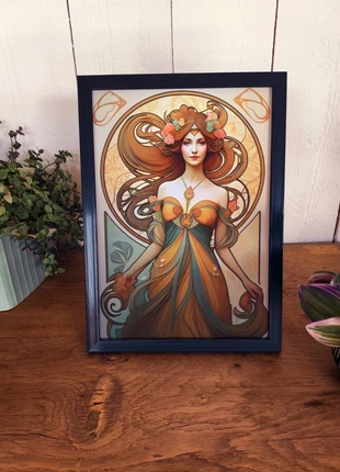 001 - Cadre A4 + affiche incluse – Femme florale & esprit Art nouveau – tons chauds orangés, condition: New without tags, €10.00, €11.20 includes Buyer Protection Pro