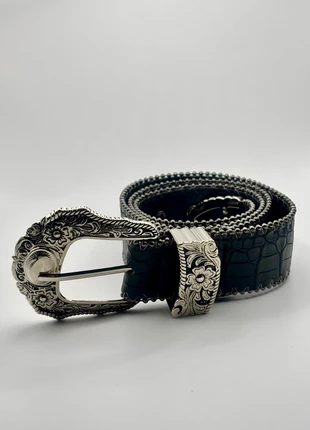 🤠 Black Western Belt | Y2K Streetwear Vintage Faux Croc Floral Buckle | 105 CM 🖤, état: Neuf sans étiquette, taille: 105 cm, 12,99 €, 14,34 € Protection acheteurs (Pro) incluse
