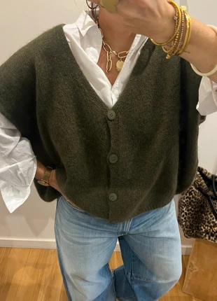Gilet cardigan kaki • chaud et tendance avec laine et kid mohair taille unique - Améliekaki*54iU, merk: Boutique Parisienne, staat: Nieuw met prijskaartje, maat: Universele maat, € 34,00, € 36,40 inclusief Kopersbescherming Pro