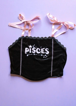 Top velours noir Y2K – signe astro Poissons & rubans roses 🎀, marque: Romwe, état: Neuf avec étiquette, taille: L / 40 / 12, 5,00 €, 5,95 € Protection acheteurs incluse