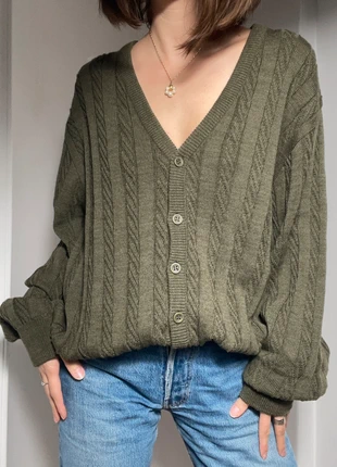 Cardigan vintage kaki à torsades, marca: Vintage, estado: Muito bom, tamanho: L / 40 / 12, €15.00, €16.45 inclui Proteção do Comprador