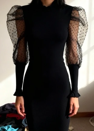 Robe de fête noire élégante – manches en tulle à pois, brand: cécé Elle, condition: New with tags, size: XS / 34 / 6, €10.00, €11.20 includes Buyer Protection