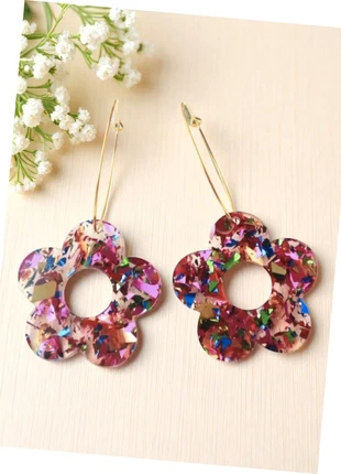 Boucles d’oreilles créoles fleurs dorées & rose fuchsia paillettes, marca: Boutique vintage, estado: Muito bom, €4.50, €5.43 inclui Proteção do Comprador