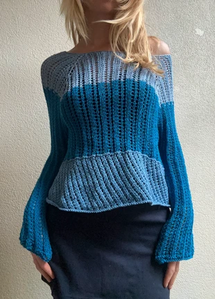 Crochet blue sweater, merk: Vintage Dressing, staat: Heel goed, maat: XS / 34 / 6, € 30,00, € 32,20 inclusief Kopersbescherming
