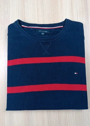 Pull col rond Tommy Hilfiger XXL bleu marine à rayures rouges logo poitrine coton casual vintage, marca: Tommy Hilfiger, estado: Muy bueno, tamaño: XXL, 34,00 €, 36,40 € Protección al comprador Pro incluida
