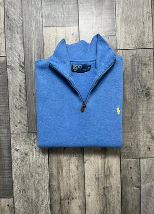 Pull sweat Half zip 1/4 zip col camionneur Ralph Lauren | Taille XL | Bleu clair logo jaune brodé, brand: Ralph Lauren, condition: Very good, size: XL, €55.00, €58.45 includes Buyer Protection