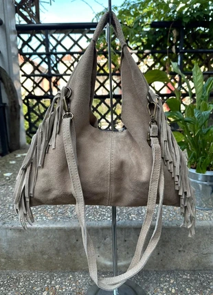 🍯 Sac Hobo à Franges en Cuir Suédé Beige – Double Bandoulière Amovible – Made in Italy 🇮🇹, brand: The Genuine Leather, condition: Very good, €36.00, €38.50 includes Buyer Protection Pro