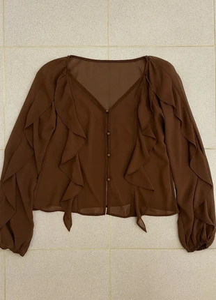 Blouse marron fluide à volants élégante, brand: Fluide, condition: Very good, size: S / 36 / 8, €39.00, €41.65 includes Buyer Protection