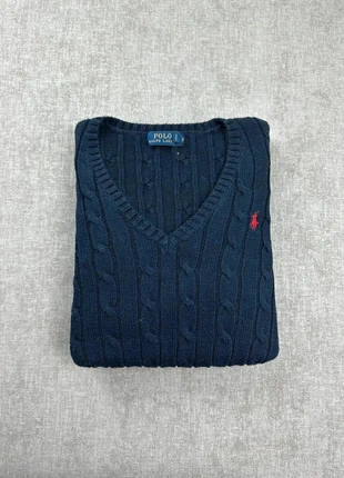 Pull Ralph Lauren torsadée col en V | Taille M femme | bleu marine logo rouge, marca: Ralph Lauren, estado: Muy bueno, tamaño: M / 38 / 10, 55,00 €, 58,45 € Protección al comprador Pro incluida