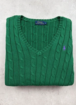 Pull torsadé Ralph Lauren vert sapin pour femme / Taille S / 100% coton / Logo brodé violet / Col V, marque: Ralph Lauren, état: Très bon état, taille: S / 36 / 8, 60,00 €, 63,70 € Protection acheteurs incluse