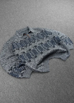 Pull Ethnic à Col Polo Vintage 80s en Maille Chiné Gris / Bleu à Motifs Imprimé (L), brand: Vintage Dressing, condizioni: Ottime, taglia: L, €24.00, €25.90 include la Protezione acquisti Pro