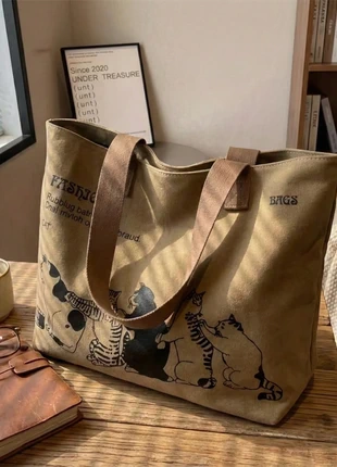 Borsa Tela khaki capiente Gatti | Canapa - Stampa Gatti, brand: FJBag, condizioni: Nuovo con cartellino, €14.80, €16.24 include la Protezione acquisti