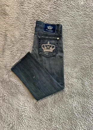 Pantalon jean vintage troué coupe évasé 3/4 bleu foncé couronne rose victoria Beckham taille L, brand: Victoria Beckham, condition: Very good, size: L / 40 / 12, €50.00, €53.20 includes Buyer Protection
