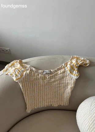 Top smocké blanc jaune Hollister – manches bouffantes rayures cottagecore été champêtre, marke: Hollister, zustand: Sehr gut, größe: M / 38 / 10, 20,00 €, 21,70 € inklusive Vinted-Käuferschutz