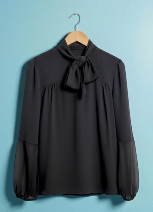 Reiss – Premium & Elegant Black Bow Blouse with Neck Tie & Sheer Sleeves – L 🌟🦋, marque: Reiss, état: Très bon état, taille: L / 40 / 12, 59,90 €, 63,60 € Protection acheteurs incluse