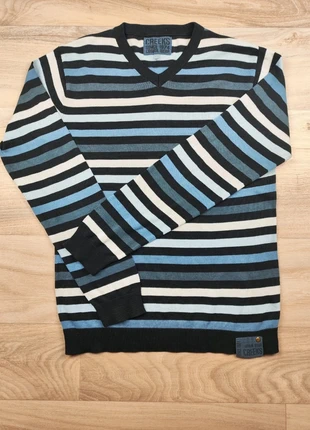 Tee-shirt manche longue col en V, vintage, Creeks, noir bleu et blanc, à rayure, taille S homme, brand: Creeks, condition: Good, size: S, €8.00, €9.10 includes Buyer Protection