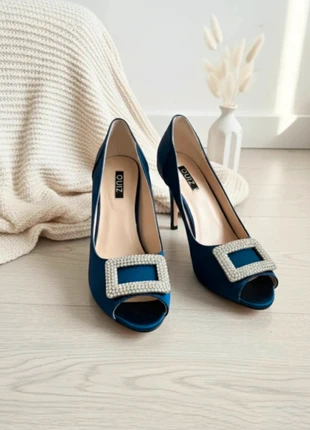 Stunning Navy Satin Peep-Toe Heels Diamante Buckle Detail - Wedding/Prom - Size 4, brand: Quiz, condition: Very good, size: 4, £9.99, £11.19 includes Buyer Protection