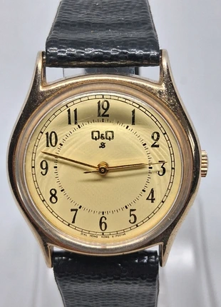 Montre vintage Q&Q mécanique dorée bracelet cuir, merk: Q&Q, staat: Heel goed, maat: 30–38 mm, € 25,00, € 26,95 inclusief Kopersbescherming Pro