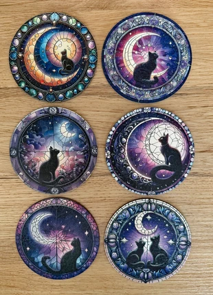 Lot de 6 sous-verres en bois, thème "chats et lune", condition: New, €5.90, €6.90 includes Buyer Protection Pro