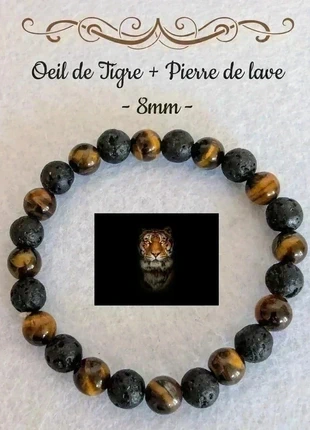 Bracelet en Pierre de Lave et Oeil de Tigre - 8mm, brand: Fabrication Artisanale, condizioni: Nuovo senza cartellino, €5.50, €6.48 include la Protezione acquisti Pro