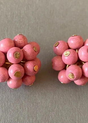 Vintage Pink Fuchsia Wood Spring Earrings 3cm - Cluster of Balls - Retro 60s/70s Boho Style, marca: Vintage, estado: Novo sem etiquetas, €8.00, €9.10 inclui Proteção do Comprador