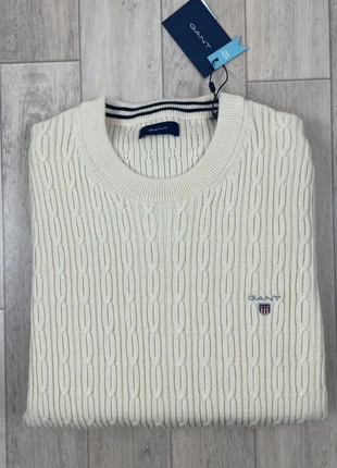 Pull gant col rond torsadé / tressé en maille coton logo brodé couleur crème taille L, marque: GANT, état: Neuf avec étiquette, taille: L, 75,00 €, 79,45 € Protection acheteurs incluse