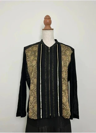 Ensemble veste jupe dorée / noir, vintage / rétro – taille xxl / xxxl (44/46) fabriqué en France, merk: Inconnu, staat: Heel goed, maat: XXL / 44 / 16, € 20,00, € 21,70 inclusief Kopersbescherming