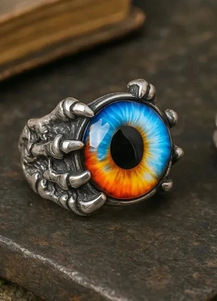 Bague oeil de dragon multicolore bleu orange griffes argenté gothique médiéval ajustable (DOIGT 42), merk: bague, staat: Nieuw met prijskaartje, maat: Aanpasbaar, € 8,97, € 10,12 inclusief Kopersbescherming Pro