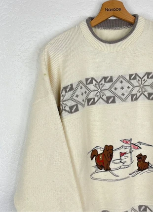 Pull Vintage 90s en maille Crème à motifs géométriques & broderie animaux - Medium, brand: Vintage Dressing, condizioni: Buone, taglia: M, €14.00, €15.40 include la Protezione acquisti Pro