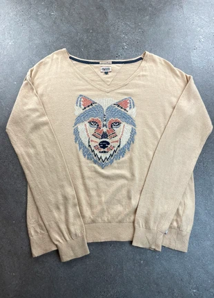 Sweat | pull col V d’hiver tommy Hilfiger marron claire taille L motif loup logo brodé, brand: Tommy Hilfiger, condition: Very good, size: L / 40 / 12, €20.00, €21.70 includes Buyer Protection