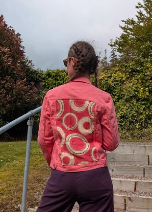 🩷 Unique Reworked Salmon Denim Jacket with Retro Circle Patchwork, condition: Very good, size: Other, €28.00, €30.10 includes Buyer Protection