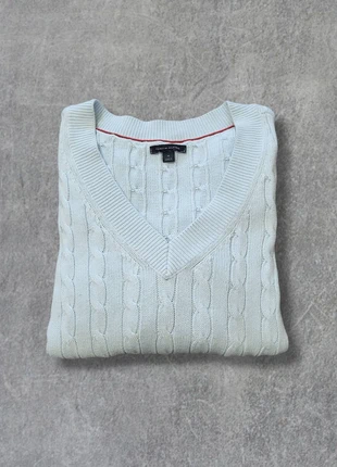 Pull torsadé femme Tommy Hilfiger bleu ciel col V 100% coton logo brodé - M, marque: Tommy Hilfiger, état: Très bon état, taille: M / 38 / 10, 34,00 €, 36,40 € Protection acheteurs incluse