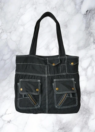 2000s Vintage Denim Pockets Zipper Black White Bag - Sac Noir Jean - Borsa Nera, marca: Denim, estado: Muito bom, €13.00, €14.35 inclui Proteção do Comprador