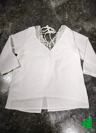 Blouse blanche femme – dentelle décolleté dos, manches 3/4, taille 36/S, condition: Very good, size: M / 38 / 10, €6.00, €7.00 includes Buyer Protection