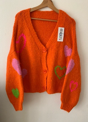 Cardigan orange maille doux oversize coeurs multicolores taille 44, marque: Boutique Italiana, état: Neuf avec étiquette, taille: XXL / 44 / 16, 29,50 €, 31,68 € Protection acheteurs incluse