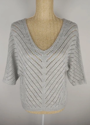Blouse manches courtes maille tricot ajourée gris clair et fil argenté taille S / M Jade & Me, merk: Jade & me, staat: Heel goed, maat: S / 36 / 8, € 6,00, € 7,00 inclusief Kopersbescherming Pro