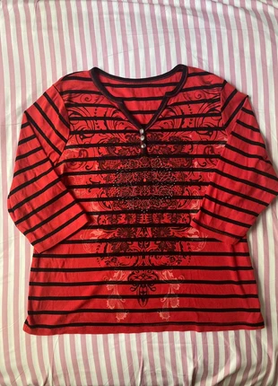 Y2K black & red striped henley style top, brand: NO LABEL, condition: Very good, size: 16 / 1 X, $5.00, $5.95 includes Buyer Protection