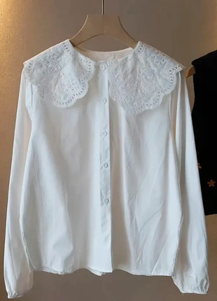 Blouse / Chemise blanche à dentelle col Claudine, marca: sansnom., estado: Muito bom, tamanho: S / 36 / 8, €24.99, €26.94 inclui Proteção do Comprador