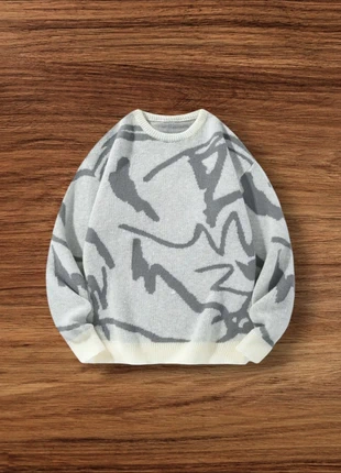 Pull Vintage Y2K Motifs Rayures Blanc Gris Taille Xl - Américain Old School USA 90s Streetwear, brand: Aesthetic, condition: Very good, size: XL, €49.90, €53.10 includes Buyer Protection