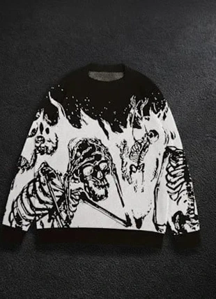 Pull noir & blanc squelettes flammes homme - Taille M, brand: Vintage Dressing, condition: Very good, size: M, €49.00, €52.15 includes Buyer Protection